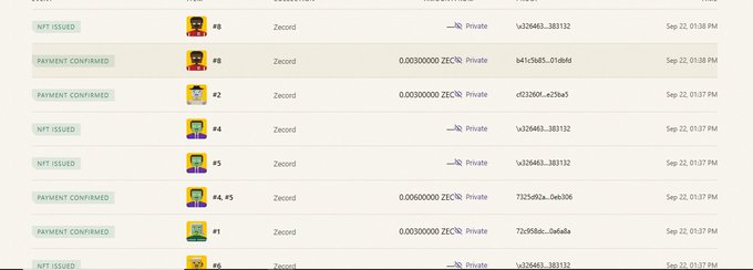 A transaction history list displays NFT activities, including 'NFT ISSUED' and 'PAYMENT CONFIRMED' entries for ZECORD tokens with amounts like 0.00300000 ZEC, all timestamped for Sep 22.