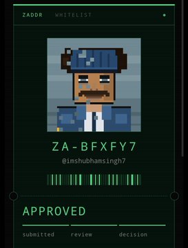 A green digital 'ZADDR WHITELIST' card displays a pixel art character wearing a blue beanie, with the code 'ZA-BFXFY7' and handle '@imshubhamsingh7' below it.
