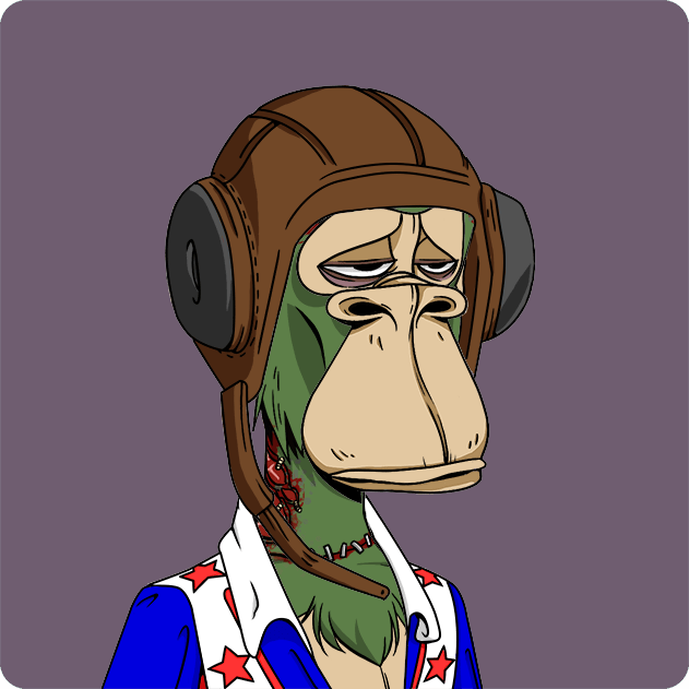 A cartoon illustration of a tired-looking green ape character wearing a brown aviator hat and a blue star-patterned shirt, resembling the Bored Ape NFT style.