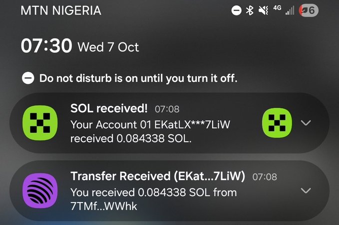 A smartphone notification screen from MTN NIGERIA dated Wed 7 Oct at 07:30 shows two 'SOL received!' alerts for a transfer of 0.084338 SOL to/from 'EKatLX***7LiW'.
