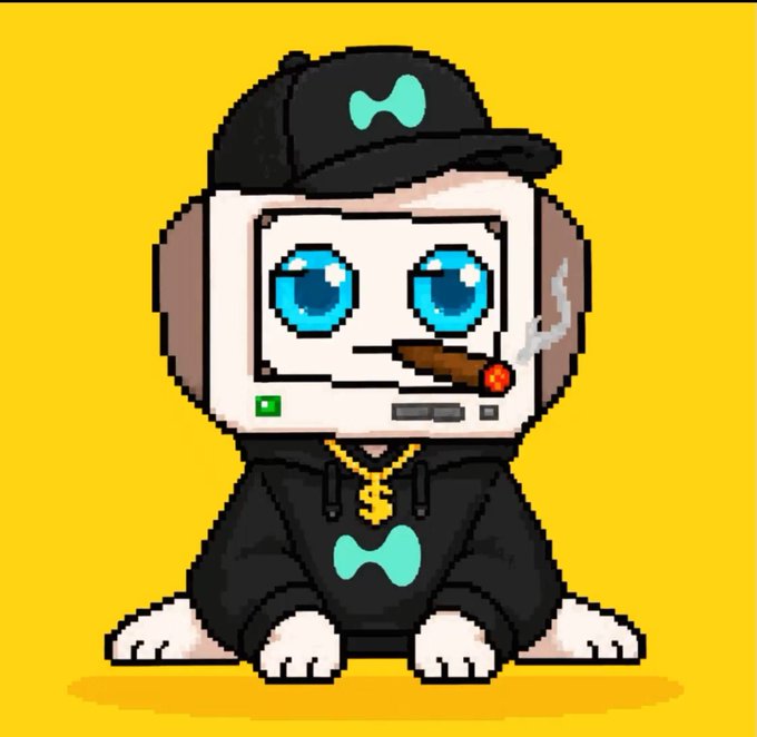 A pixel art illustration of a small character with a monitor-like head featuring big blue eyes, wearing a black hoodie and cap with green bowtie logos, holding a smoking cigar against a yellow background.