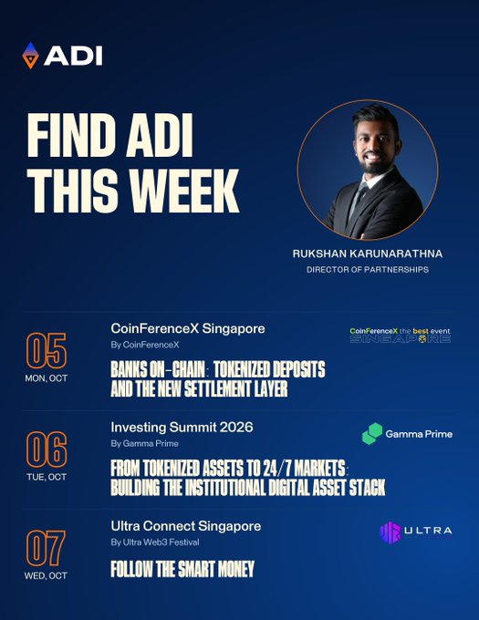 The image is a promotional graphic for the ADI Foundation featuring Rukshan Karunarathna (Director of Partnerships), advertising his appearances at three Singapore events during the week of October 5-7: CoinFerenceX Singapore (Oct 5) discussing "Banks On-Chain: Tokenized Deposits and the New Settlement Layer," Investing Summit 2026 by Gamma Prime (Oct 6) on "From Tokenized Assets to 24/7 Markets: Building the Institutional Digital Asset Stack," and Ultra Connect Singapore by Ultra Web3 Festival (Oct 7) for "Follow the Smart Money."

The graphic visually reinforces the campaign message by laying out the schedule of Rukshan's three speaking engagements in Singapore, highlighting ADI's focus on connecting digital assets with institutional financial activity.