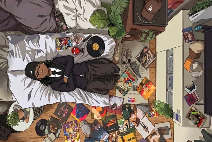 An overhead view of an illustrated person lying on a bed in a cluttered room filled with vinyl records, video games, a guitar, magazines, sneakers, and plants.