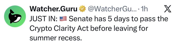 This image shows a "JUST IN" announcement from Watcher.Guru stating the Senate has 5 days to pass the Crypto Clarity Act before summer recess, echoing the call to action in the accompanying post.