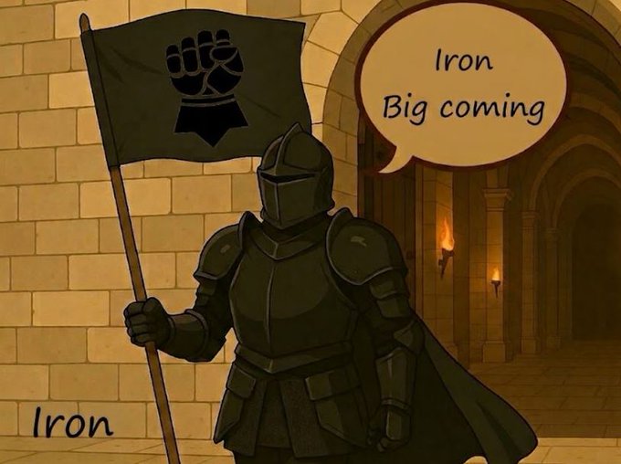 A cartoon-style illustration of an armored knight holding a black flag with a fist emblem, standing in a stone castle hallway with speech bubbles reading "Iron Big coming" and "Iron."
