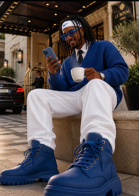 A low-angle shot of a man with dreadlocks wearing a white Nike headband, blue sunglasses, a blue cardigan, white pants, and chunky blue boots, sitting outdoors holding a coffee cup and a blue phone in front of a 'LE ROYAL PARIS' establishment.