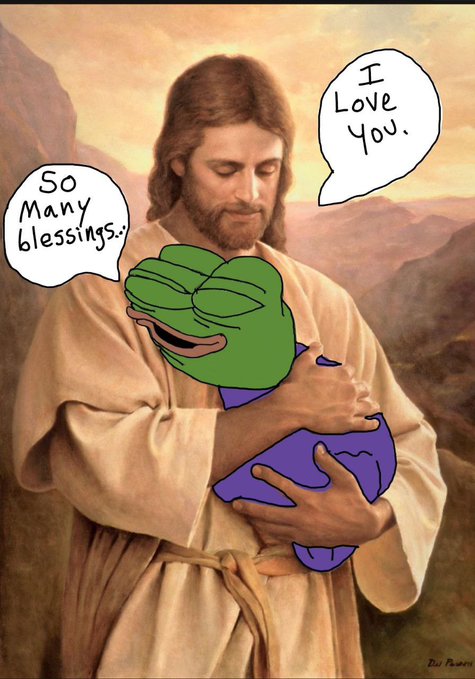 A meme featuring a classic painting of Jesus holding a Pepe the Frog baby, with speech bubbles reading 'I Love You.' and 'So many blessings..'.