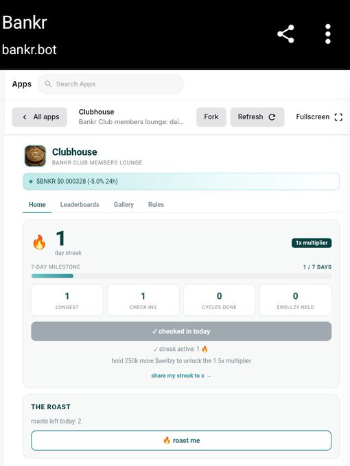 A mobile screenshot of the Bankr app showing the Clubhouse mini-app with a day streak tracker, check-in stats, and an option to roast for tokens.