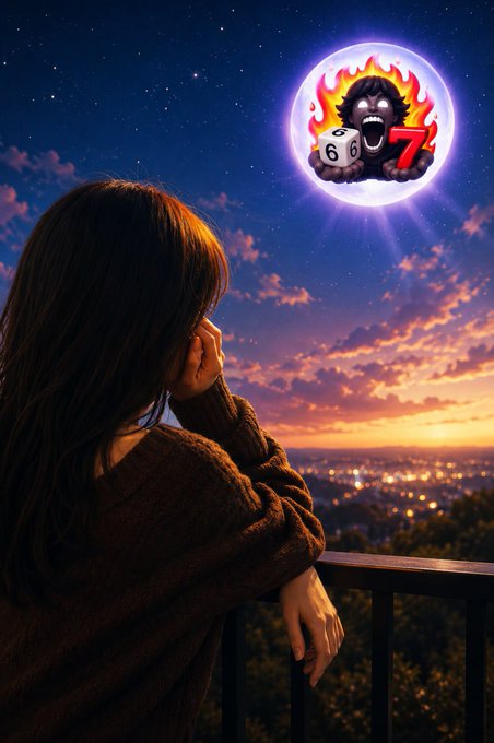 A girl gazes up at a starry night sky, watching a glowing moon displaying the "$67" logo with a screaming face, while overlooking a city lit up at sunset—symbolizing the rising influence and community growth of the $67 project highlighted in the post.