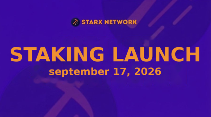 A promotional graphic with purple background announcing 'STAKING LAUNCH' for STARX NETWORK on September 17, 2026.