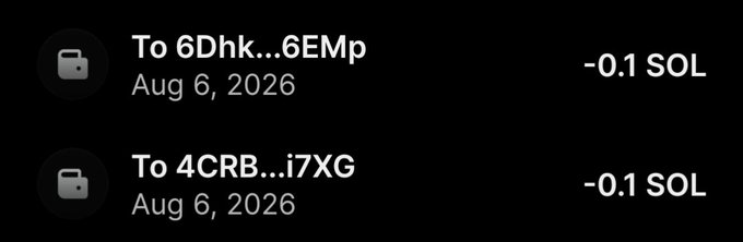 The image shows two wallet transactions, each for -0.1 SOL, sent to shortened addresses (6Dhk...6EMp and 4CRB...i7XG) on Aug 6, 2026. These correspond to the two giveaway winners mentioned in the post, with the truncated addresses matching the Solscan transaction links shared for users @Yingyyuihg and @Crypt_Grim.