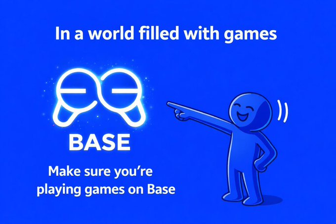 The image features a blue background with white text that reads "In a world filled with games Make sure you're playing games on Base". The text also includes an illustration of two cartoon characters pointing at each other, one wearing glasses and the other holding a microphone.