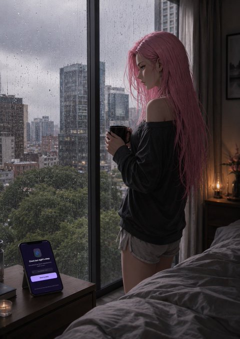 A digital illustration/anime-style image of a young woman with long pink hair standing by a rain-streaked window holding a mug, looking out at a city skyline, with a smartphone displaying an app on the nightstand nearby.