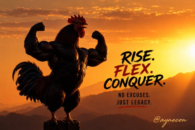 A muscular black rooster flexes its biceps against a sunset backdrop with the motivational text "RISE. FLEX. CONQUER. NO EXCUSES. JUST LEGACY." and the handle "@aynecon".