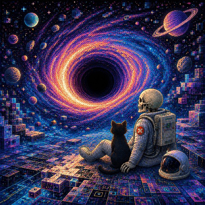 A vibrant, pixelated digital artwork depicting an astronaut and a black cat sitting on a grid-like surface, gazing into a swirling cosmic vortex surrounded by planets and stars.
