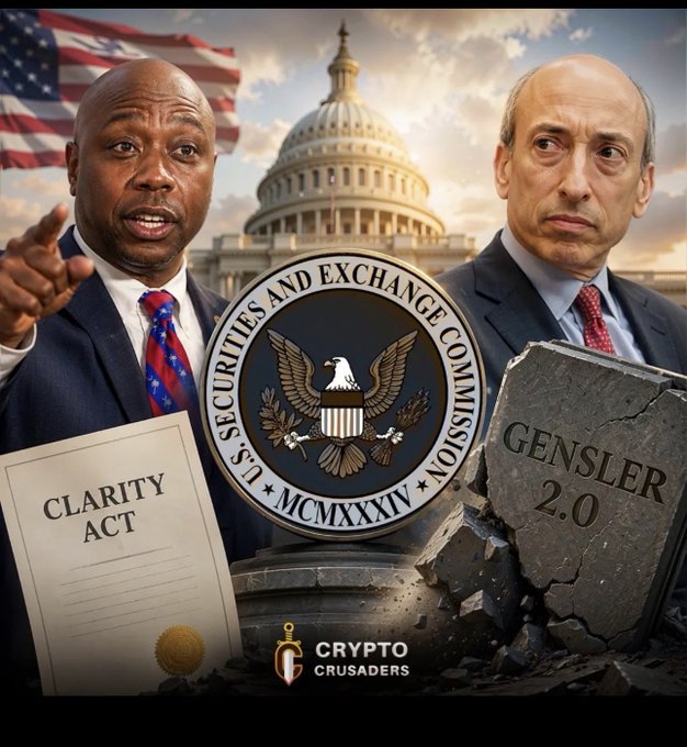 The image shows Senator Tim Scott (left) pointing alongside former SEC Chair Gary Gensler (right), with the U.S. Capitol and SEC seal in the background, the "CLARITY Act" document in the foreground, and a tombstone labeled "GENSLER 2.0" — visually representing the post's call to pass the CLARITY Act to prevent a future SEC chair from reversing crypto regulatory wins for assets like $XRP.