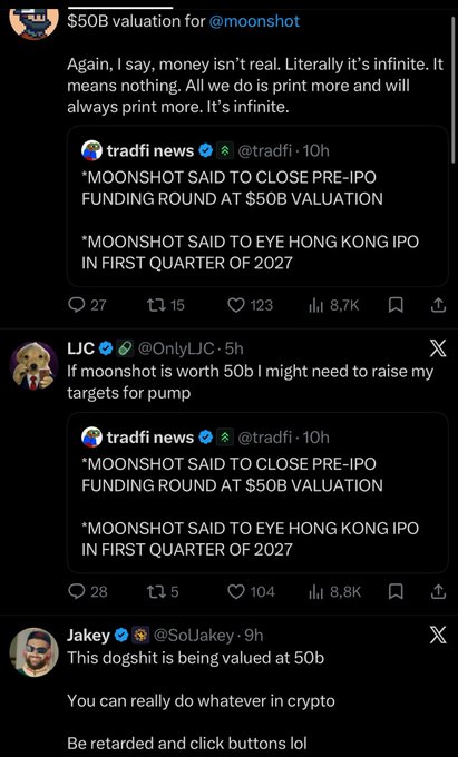 The image shows tweets reacting to news that Moonshot is closing a pre-IPO funding round at a $50B valuation, with KOLs expressing disbelief and humor about the crypto project being valued at $50 billion, while trading at a $50b valuation, illustrating how the "$50B" company name confusion with the Moonshot crypto project has led to public mockery.