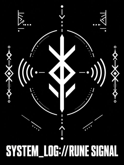 The image features a black background with white text that reads "System, log/rune signal". The text is surrounded by various symbols and designs, including a circle of dots, lines, and arrows, as well as other symbols like a kite or a bird. These elements are arranged in a way that they appear to be part of the system's log or rune signal. The post also mentions that some symbols remain quiet while others react, indicating that the system is still scanning for more information about the runes' activities across the network.