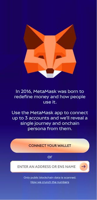 A MetaMask promotional screen featuring a geometric fox logo with text 'In 2016, MetaMask was born to redefine money' and options to connect wallet or enter an address.