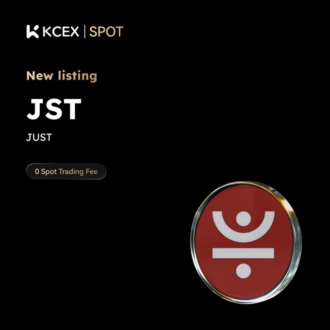 The image features a red circle with a white symbol inside of it, which appears to be a logo or icon related to a cryptocurrency exchange called JST. The text "New listing" is written above the logo, indicating that there is a new listing for this particular cryptocurrency on the exchange. The post also mentions that there are no fees associated with spot trading at this time and that the exchange operates on the TRON Blockchain.
