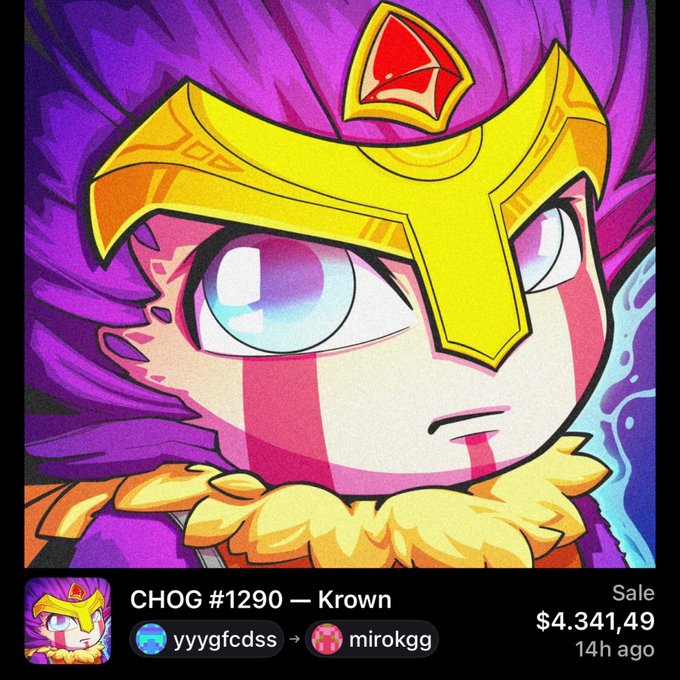 A digital NFT sale listing titled "CHOG #1290 — Krown" shows a close-up illustration of a chibi-style character with purple spiky hair, a yellow crown, and a red gem, sold for $4,341.49 by user yyygfcdss to mirokgg 14 hours ago, illustrating the type of high-value transaction between "dev" insiders that the poster criticizes.