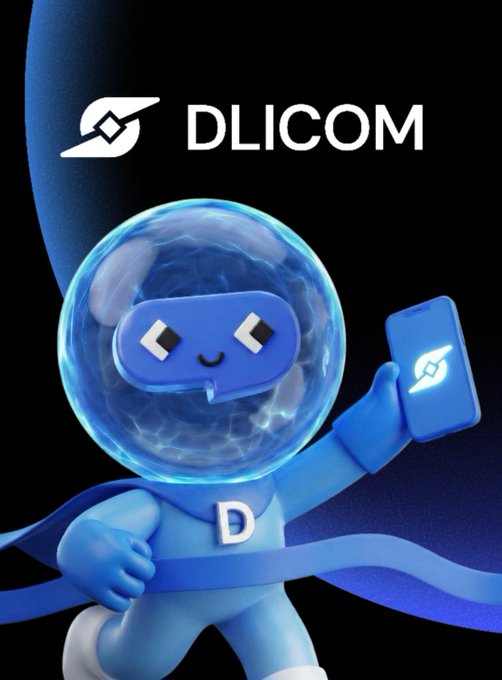 The image features a blue cartoon character wearing a suit and holding a cell phone. The character appears to be dressed as a superhero or a robot, giving it a unique and playful appearance. The background of the image is black with a white logo that reads "Dlicom". This logo is associated with a mobile wallet app called Dlicom App. The main focus of the image is on the blue cartoon character holding the cell phone in its hand.
