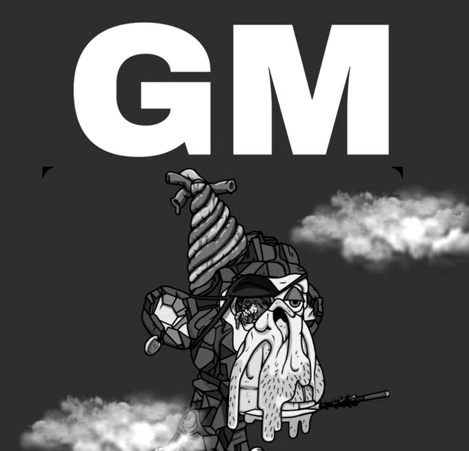 A monochromatic black-and-white illustration depicts a bearded character holding a large weapon over his shoulder beneath the large bold letters 'GM'.