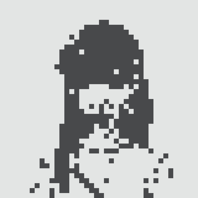 A pixel art style portrait in dark blue/navy tones showing a hooded figure, rendered in a low-resolution retro aesthetic.