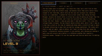 A character profile for 'Lord Gong the Gleaming', a green-skinned 'LEVEL 3 Goblin' with a red mohawk, accompanied by lore text in a CRT-style monitor display.