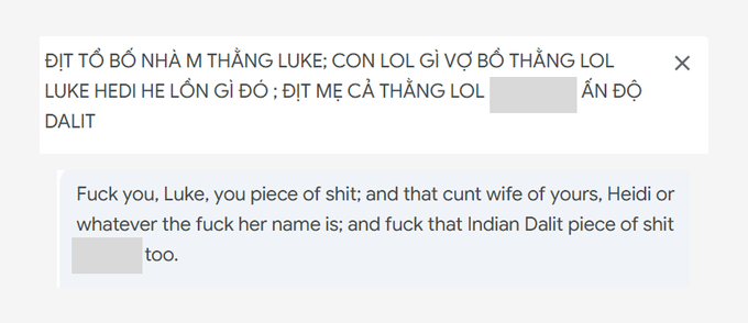 The image shows a screenshot of a vulgar Vietnamese comment directed at "Luke" and "Heidi" along with a redacted name referred to as an "Indian Dalit," translated into crude English. The toxic exchange exemplifies the hostile, anonymous culture that often festers in crypto and NFT communities, reinforcing the post's "just another day in crypto" sentiment about the prevalence of harassment in the space.