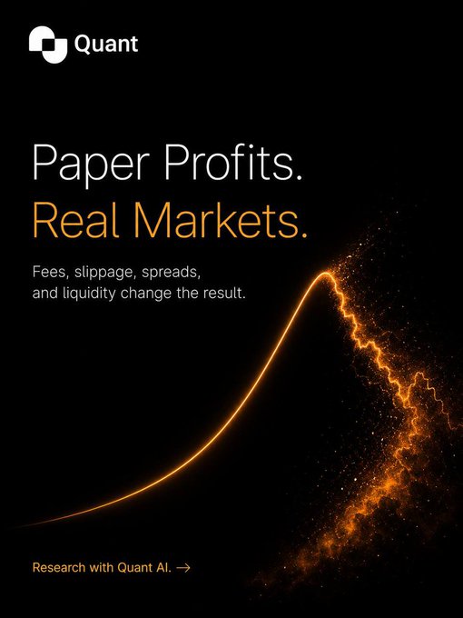 An advertisement for Quant AI featuring the text 'Paper Profits. Real Markets. Fees, slippage, spreads, and liquidity change the result.' with 'Research with Quant AI.' at the bottom, set against a black background with a glowing orange particle arc.