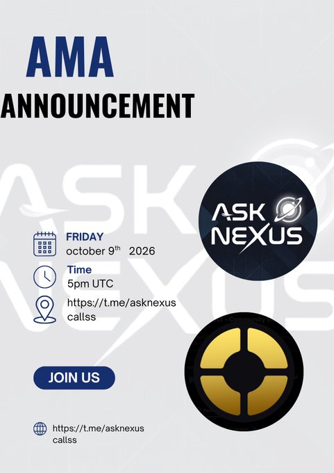 An AMA announcement graphic for "ASK NEXUS" scheduled for Friday, October 9th, 2026 at 5pm UTC, accessible via https://t.me/asknexus callss, featuring a "JOIN US" button.