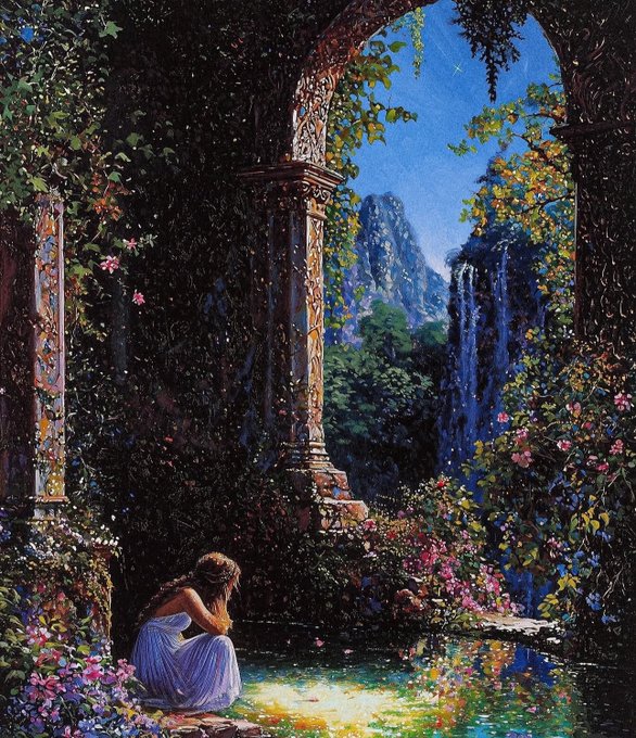 A painting depicts a woman in a blue dress sitting beside a pool of water in a lush, overgrown garden, looking out toward a waterfall and mountains through a stone archway.