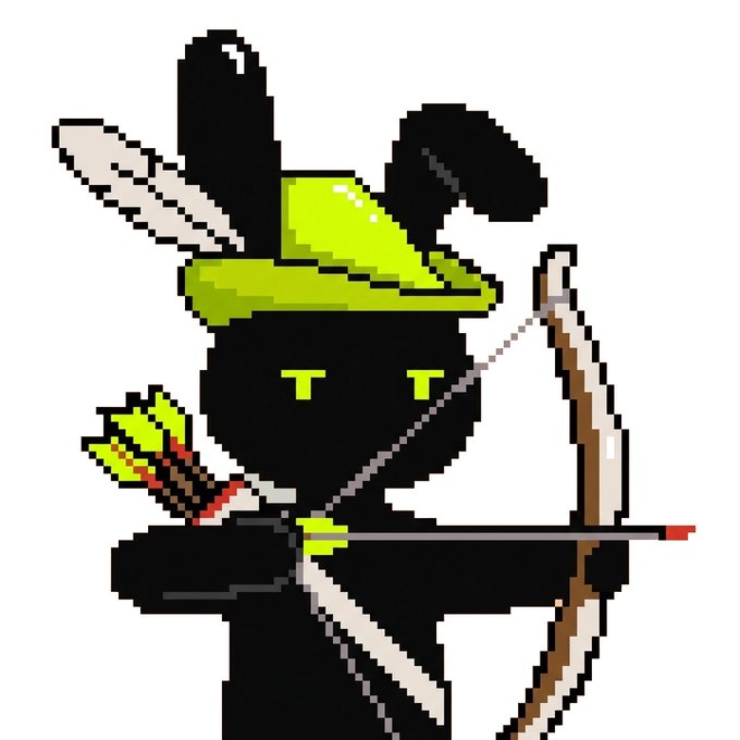 A pixel art image of a black silhouette figure wearing a yellow Robin Hood-style hat, holding a bow with arrows.