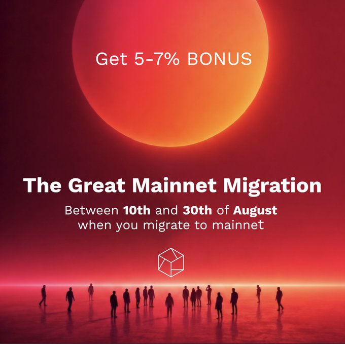 A promotional graphic with a red sun and silhouetted figures advertising 'Get 5-7% BONUS' for 'The Great Mainnet Migration' between the 10th and 30th of August.