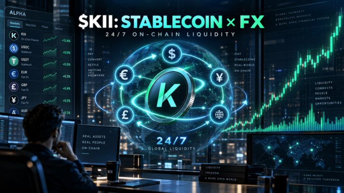 A futuristic trading dashboard highlights "$KII: STABLECOIN × FX" with 24/7 on-chain liquidity, featuring currency symbols (€, $, ¥, £) orbiting a central "K" coin and market data for KII, USDC, USDT, EUR, GBP, JPY, and AUD, aligning with the post's emphasis on $KII's recovery on Binance Alpha.