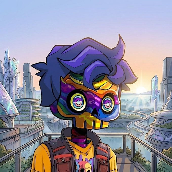 A stylized illustration of a figure with a rainbow-colored skull face and vibrant purple hair, wearing a yellow jacket and red backpack, standing on a balcony overlooking a futuristic city with crystalline structures at sunset.