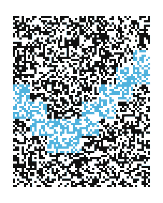 A black and white QR code with a blue pixelated pattern overlaid on the lower-left portion.