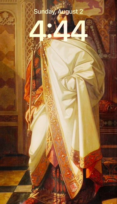 A phone lock screen displays the time 4:44 on Sunday, August 2, set against a classical painting of a regal figure in ornate white and gold robes.