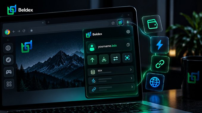 A digital mockup showing the 'Beldex' browser interface on a laptop displaying a mountain landscape, with floating neon icons for wallet, lightning, link, and globe features emanating from the screen.