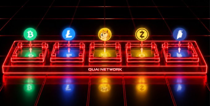 A neon-lit promotional graphic for the Quai Network showing icons for Bitcoin, Litecoin, Dogecoin, Zcash, and another cryptocurrency above glowing red 3D structures.