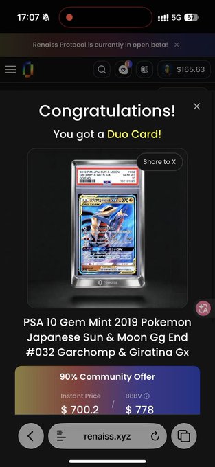 A mobile screen displaying a 'Congratulations! You got a Duo Card!' message for a PSA 10 Pokemon card with an instant price of $700.2 and community offer of $778.