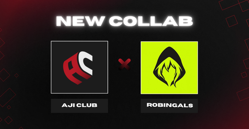 Announcement graphic for a 'NEW COLLAB' between AJI CLUB and ROBINGALS, displayed as two square logos connected by an X mark on a black and red background.