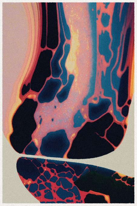 An abstract image with organic, fluid shapes resembling a marbled or lava-like pattern in dark teal, pink, and yellow-orange tones.