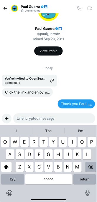 A Signal messaging app screenshot showing an unencrypted chat with 'Paul Guerra' who invited the user to OpenSea.