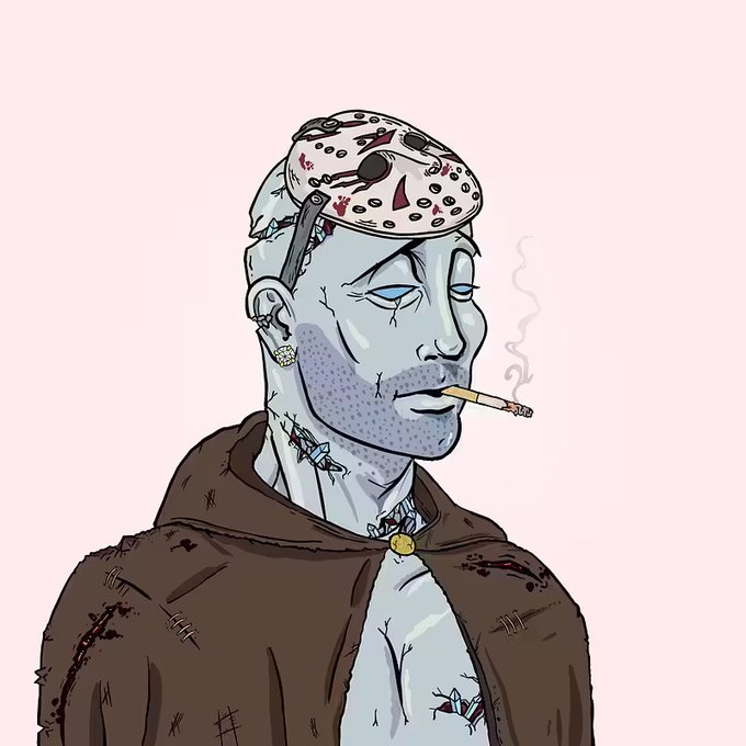 A stylized cartoon illustration depicts a pale, stitched-together figure resembling Frankenstein's monster wearing a hockey mask reminiscent of Jason Voorhees, with a cigarette dangling from his lips, gold earring, and stitched wounds—evoking a rugged, OG crypto collector vibe that matches the post's celebration of scooping a DeGods NFT.
