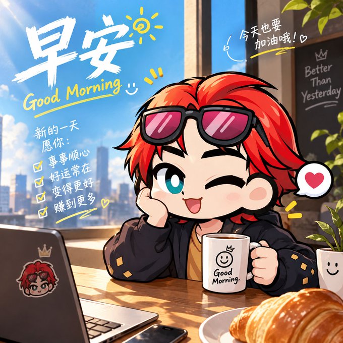 A cheerful red-haired anime character with sunglasses on their head winks while holding a "Good Morning" mug at a desk with a croissant and laptop, surrounded by "早安 Good Morning" text and Chinese wishes like "新的一天愿你：事事顺心, 好运常在, 变得更好, 赚到更多" (A new day wishing you: smooth affairs, good luck always, becoming better, earning more). The image's uplifting morning energy complements the post's reflection on how an adult's day truly begins—not at waking, but at checking their bank balance, capturing the bittersweet humor of modern adulthood.