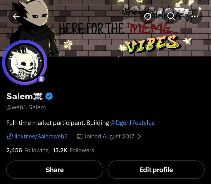 A Twitter profile for "Salem" (@web3_Salem) with 13.2K followers, featuring a banner reading "HERE FOR THE MEMES & VIBES" and graffiti-style artwork, which aligns with the post celebrating crossing the 13.1K followers milestone.
