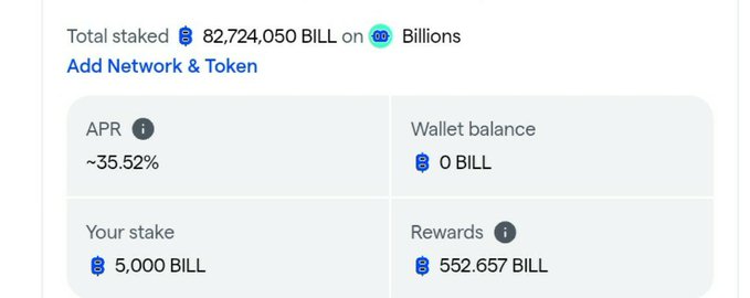 A screenshot of a cryptocurrency staking interface showing 'Total staked 82,724,050 BILL', an 'APR' of '~35.52%', a 'Wallet balance' of '0 BILL', 'Your stake' of '5,000 BILL', and 'Rewards' of '552.657 BILL'.