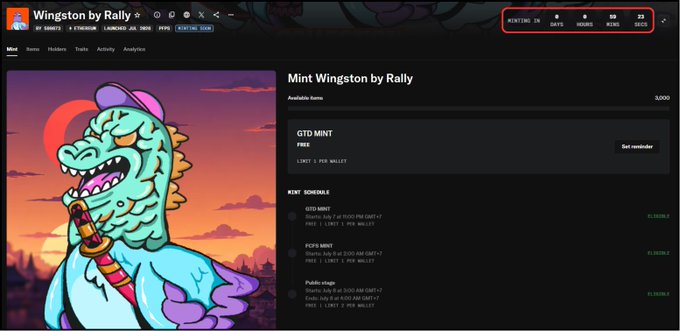 Screenshot of the Rally platform's "Wingston by Rally" NFT mint page, showing a teal dragon-like creature artwork, a "GTD MINT FREE" section with a "Set reminder" button, and a top-right counter displaying "MINTING IN 0 HRS 59 MINS 22 SECS," reflecting the one-hour countdown mentioned in the post.